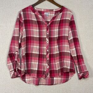Croft & Barrow Pink Plaid Button Front Roll Tab Sleeve Rayon Blouse XL